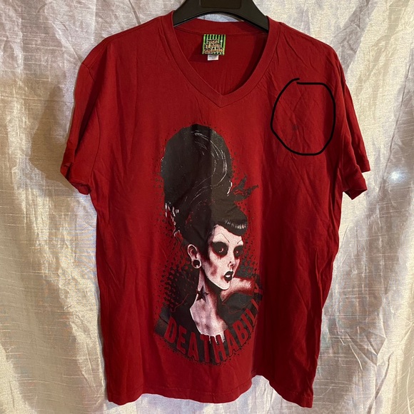 Too Fast Brand Deathabilly Goth tee SZ L GUC see last 2 pic for spot, v-neck - Picture 7 of 8